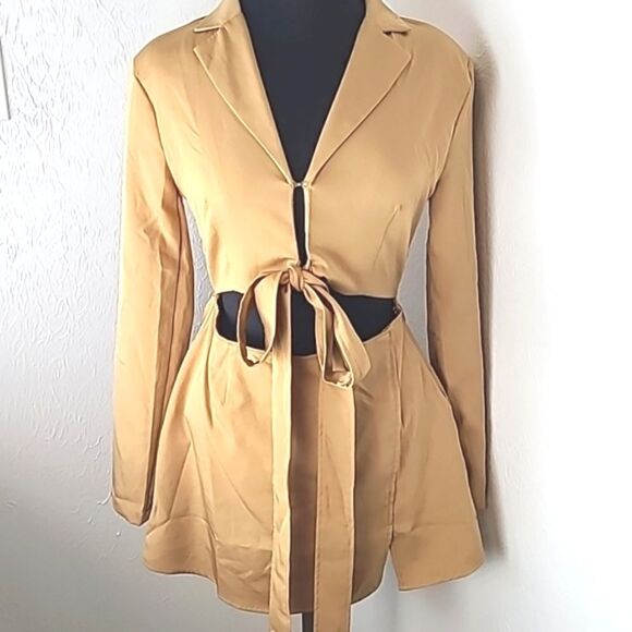 Hyfve-Camel Color Jacket Mini-Dress with Cut-out at Waist, Size Medium - Picture 2 of 13